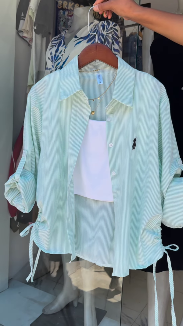 1-1.png Mint Striped Drawstring Shirt with White Crop Tank – Breezy Layered Look