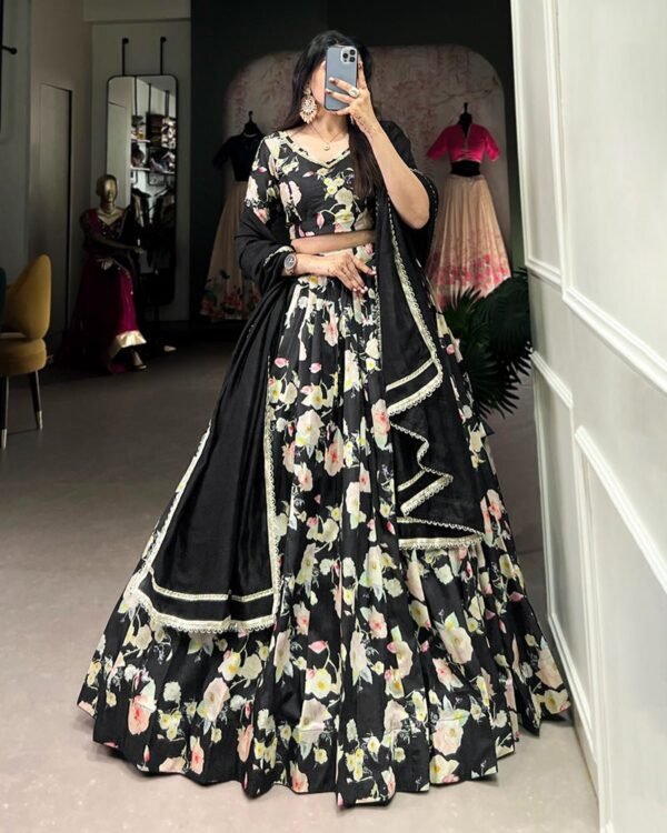 102_6921c4be-0127-413d-bf5c-42365e9213a7-1.jpg Black Color Tussar Silk Floral Printed Lehenga Choli