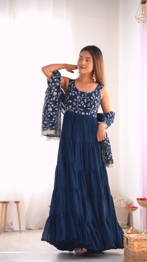 Midnight Blue Embroidered Tiered Anarkali Set