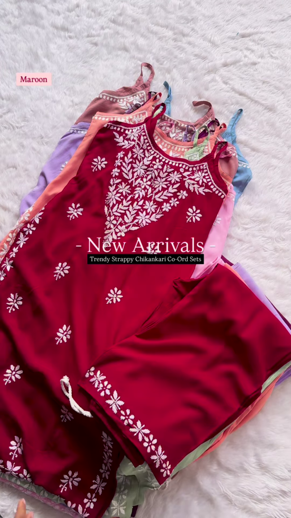 Maroon Strappy Chikankari Co-Ord Set – Elegant & Trendy