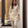 Women’s Beige Embroidered Kurta Pant Set with Geometric Pink-Green Motifs – Cultural Boutique Portrait Edit