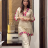Women’s Beige Embroidered Kurta Pant Set with Geometric Pink-Green Motifs – Cultural Boutique Portrait Edit
