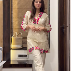 1162-2.png Women’s Beige Embroidered Kurta Pant Set with Geometric Pink-Green Motifs – Cultural Boutique Portrait Edit