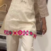 Women’s Beige Embroidered Kurta Pant Set with Geometric Pink-Green Motifs – Cultural Boutique Portrait Edit