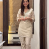Women’s Beige Embroidered Kurta Pant Set with Geometric Pink-Green Motifs – Cultural Boutique Portrait Edit