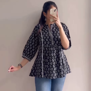 1163-1.png Women’s Black Short Kurti with White Threadwork & Light Blue Jeans – Casual Ethnic Streetwear Edit