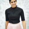 1164-6.png Women’s Pink Ribbed Half-Sleeve Top with Black Pleated Mini Skirt – Chic Contrast Casualwear Ensemble