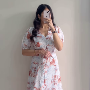 1166-1.png Women’s White Short-Sleeve Dress with Red & Blue Floral Prints
