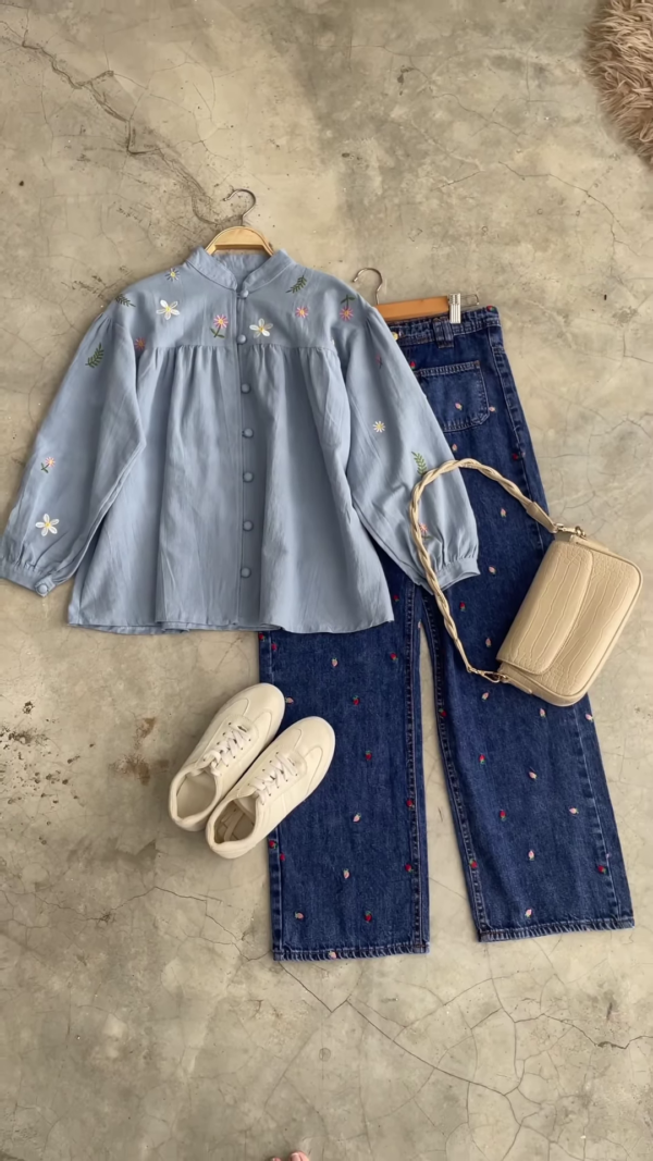 Floral Embroidered Denim & Blouse Set