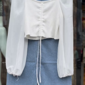 1170-2.png Women’s White Ruched Tie-Front Blouse with Sheer Sleeves & High-Waist Light Blue Denim Shorts – Summer Casual Co-Ord Set