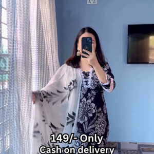 1172-1.png Women’s Black Floral Kurti with White Lace Accents