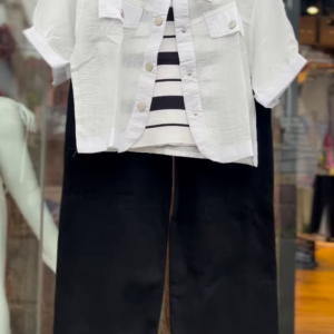 1174-2.png Women’s White Buttoned Crop Jacket with Striped Inner Top and Black Pants – Layered Streetwear Ensemble