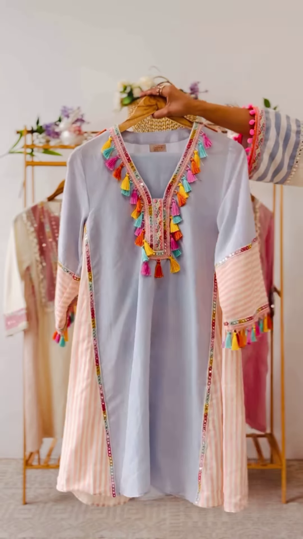Women’s Baby Pink Beaded Kurti with Shell Accents – Premium Embroidered Ethnicwear for Boutique Collections