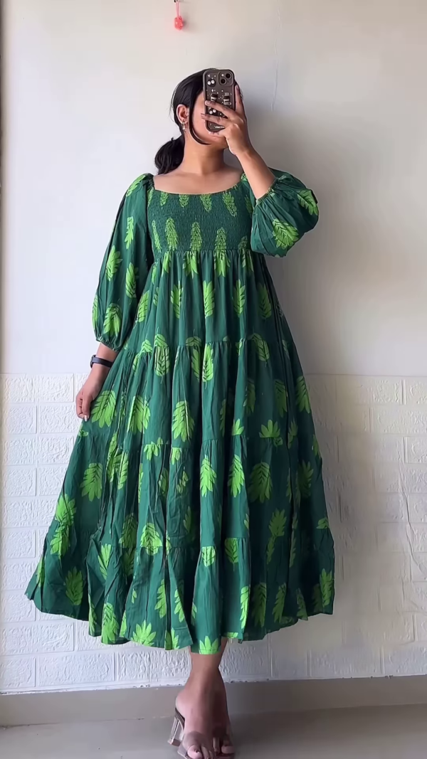 1177-3.png Women’s Leaf-Print Green Maxi Dress with Smocked Bodice and Tiered Skirt – Elegant Casualwear from Summer Portrait Series