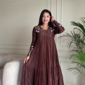 1180-2.png Women’s Brown Floral Embroidered Maxi Dress with Pleated Skirt – Elegant Indo-Western Casualwear