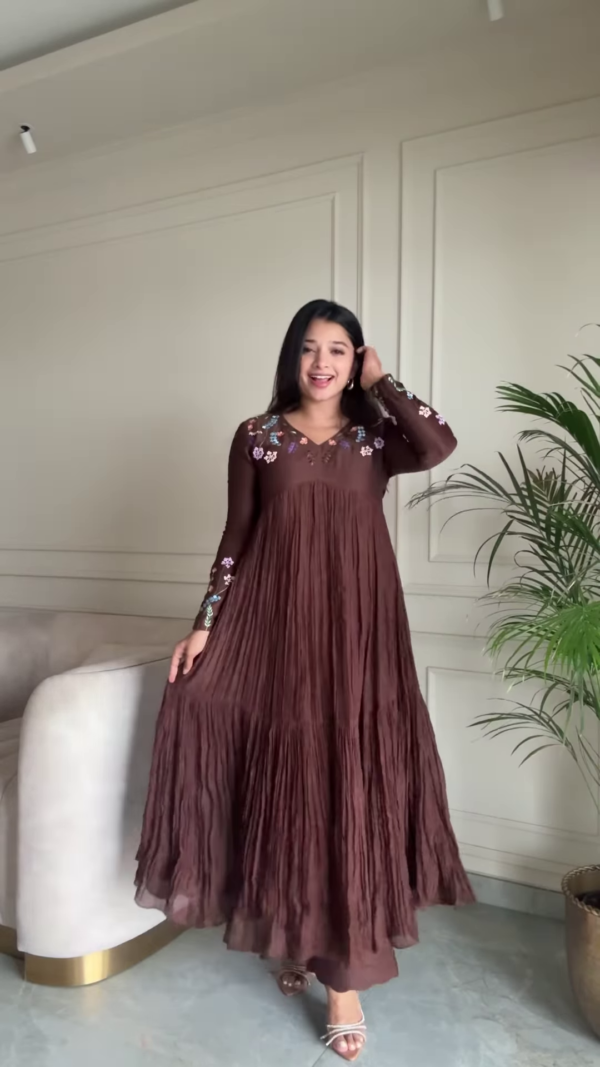 1180-2.png Women’s Brown Floral Embroidered Maxi Dress with Pleated Skirt – Elegant Indo-Western Casualwear