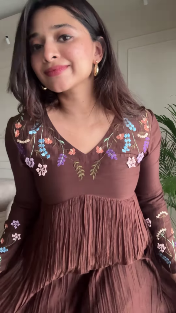 1180-3.png Women’s Brown Floral Embroidered Maxi Dress with Pleated Skirt – Elegant Indo-Western Casualwear