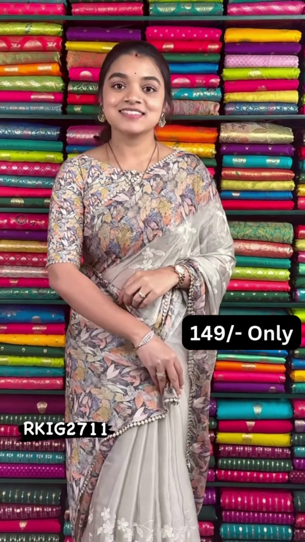1181-1.png Women’s Floral-Patterned Beige Saree with White Embroidered Pallu