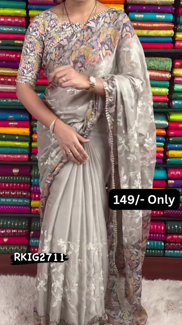 1181-2.png Women’s Floral-Patterned Beige Saree with White Embroidered Pallu