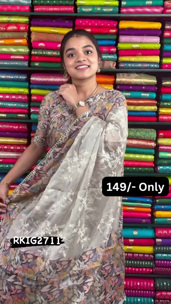 1181-3.png Women’s Floral-Patterned Beige Saree with White Embroidered Pallu