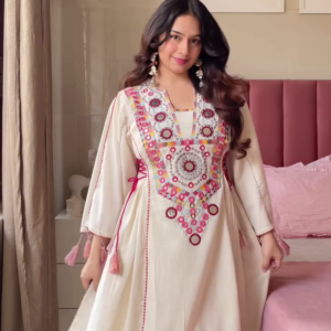 1182-3.png Women’s Cream Embroidered Long Kurti with Multicolor Circular Motifs and Tassel Accents – Heritage-Inspired Ethnicwear Portrait