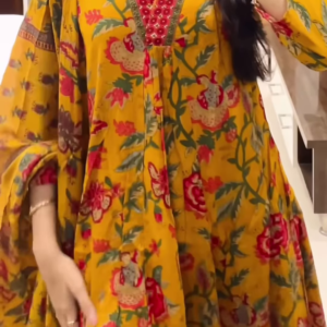 1186-2.png Women’s Yellow Floral Printed Kurti with Red Neckline Border – Ethnic Everyday Ensemble with Seasonal Charm