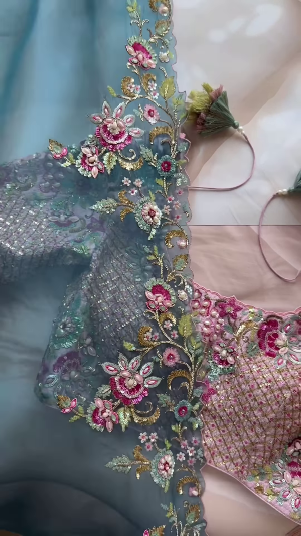 1195-3.png Dual-Toned Embroidered Sheer Fabric Panel with Sequins & Floral Motifs – Pink & Blue Textile for Occasionwear Drapes & Fusion Tailoring