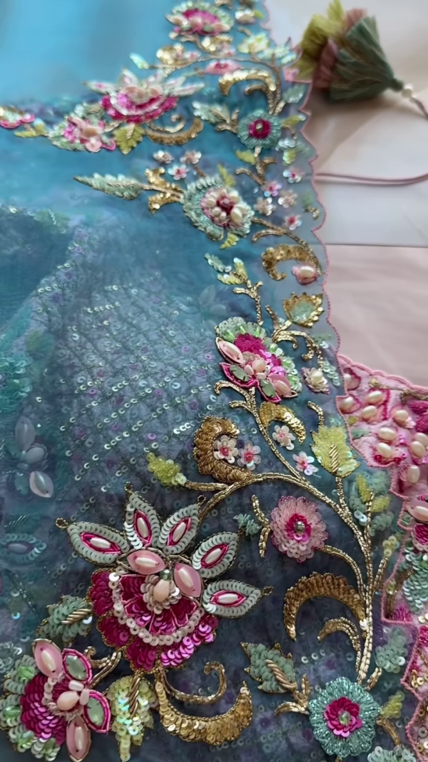 1195-4.png Dual-Toned Embroidered Sheer Fabric Panel with Sequins & Floral Motifs – Pink & Blue Textile for Occasionwear Drapes & Fusion Tailoring
