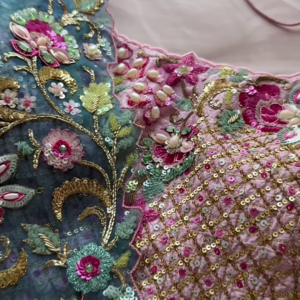 1195-5.png Dual-Toned Embroidered Sheer Fabric Panel with Sequins & Floral Motifs – Pink & Blue Textile for Occasionwear Drapes & Fusion Tailoring