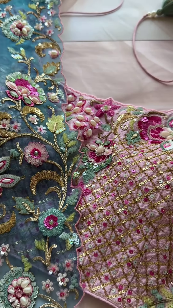 1195-5.png Dual-Toned Embroidered Sheer Fabric Panel with Sequins & Floral Motifs – Pink & Blue Textile for Occasionwear Drapes & Fusion Tailoring