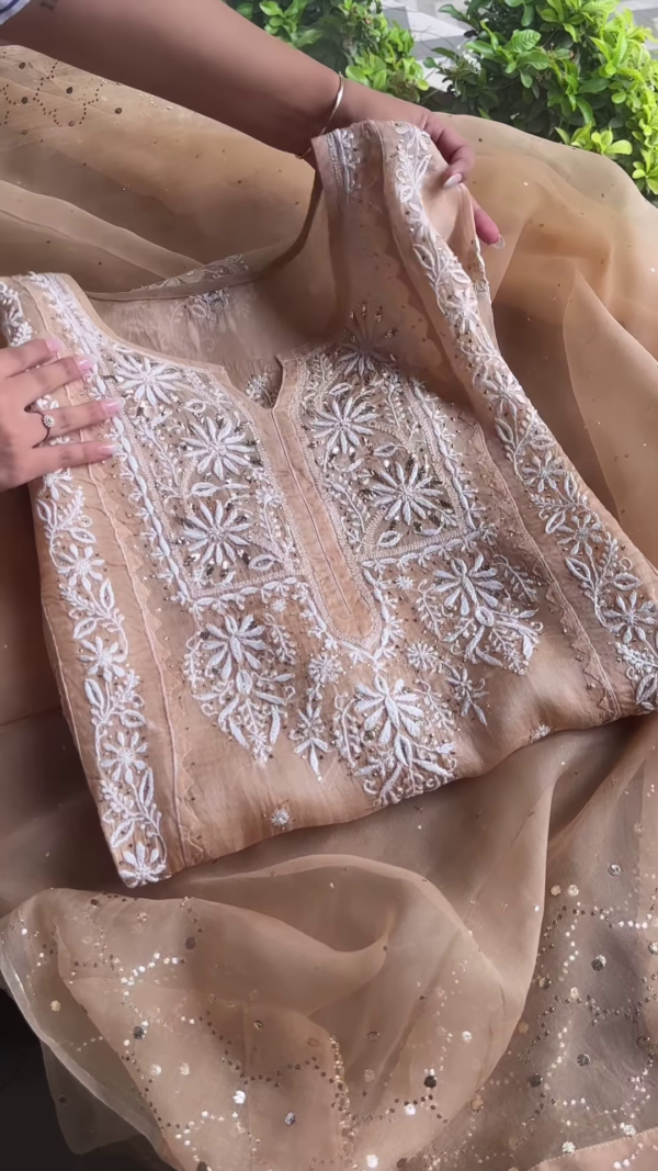 1196-2.png Beige Sheer Embroidered Fabric Panel with White Floral Motifs & Sequin Accents – Ethnicwear Material
