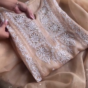 1196-3.png Beige Sheer Embroidered Fabric Panel with White Floral Motifs & Sequin Accents – Ethnicwear Material