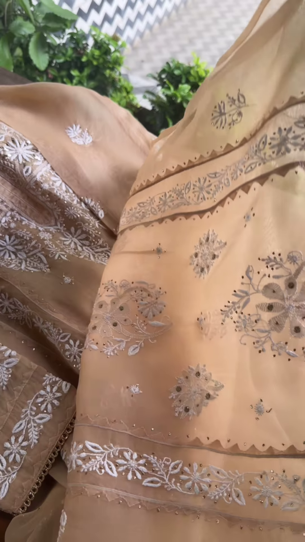 1196-4.png Beige Sheer Embroidered Fabric Panel with White Floral Motifs & Sequin Accents – Ethnicwear Material