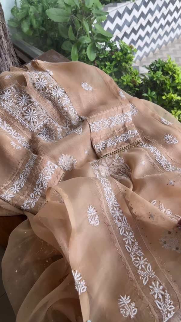 1196-6.png Beige Sheer Embroidered Fabric Panel with White Floral Motifs & Sequin Accents – Ethnicwear Material