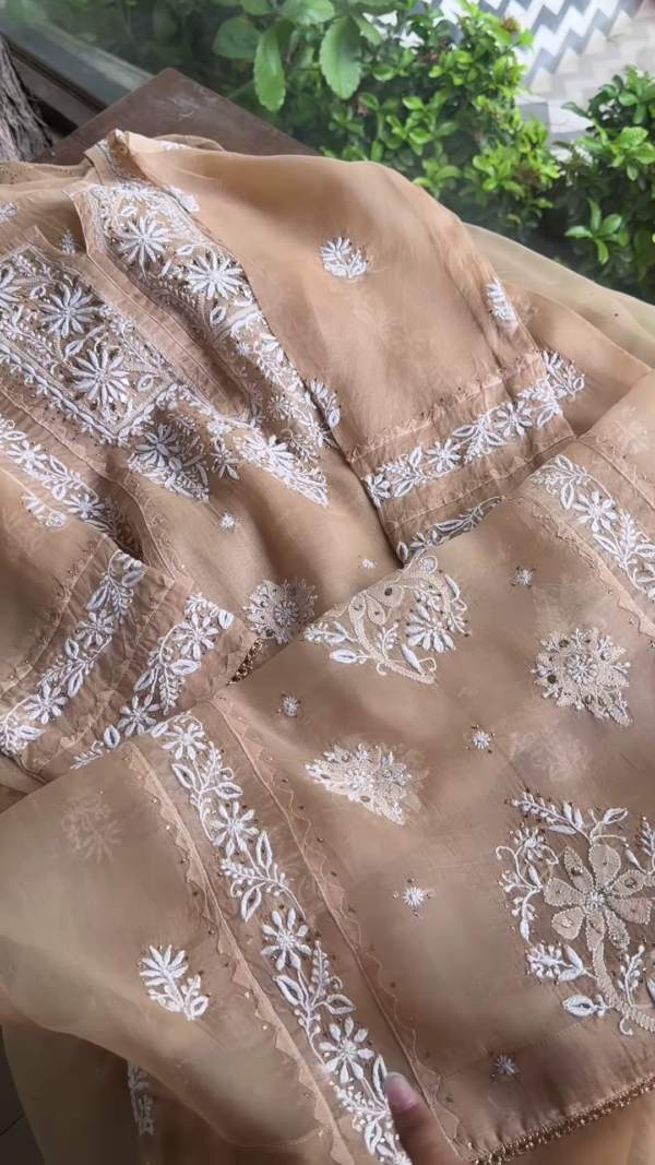 1196-7.png Beige Sheer Embroidered Fabric Panel with White Floral Motifs & Sequin Accents – Ethnicwear Material