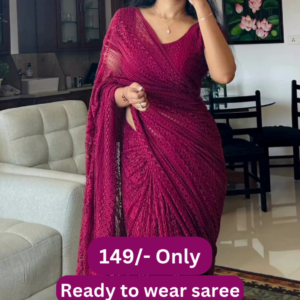 1198-1.png Women’s Maroon Lace Saree with Intricate Floral Border – Ready-to-Wear Ethnic Ensemble with Homestyle Presentation