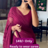 Women’s Maroon Lace Saree with Intricate Floral Border – Ready-to-Wear Ethnic Ensemble with Homestyle Presentation