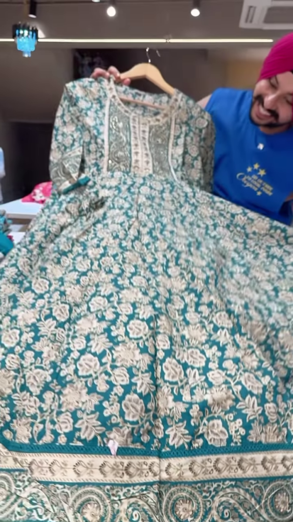 1199-2.png Women’s Teal Embroidered Long Kurti with Beige Floral & Paisley Motifs – Ethnicwear Portrait Piece for Seasonal Styling
