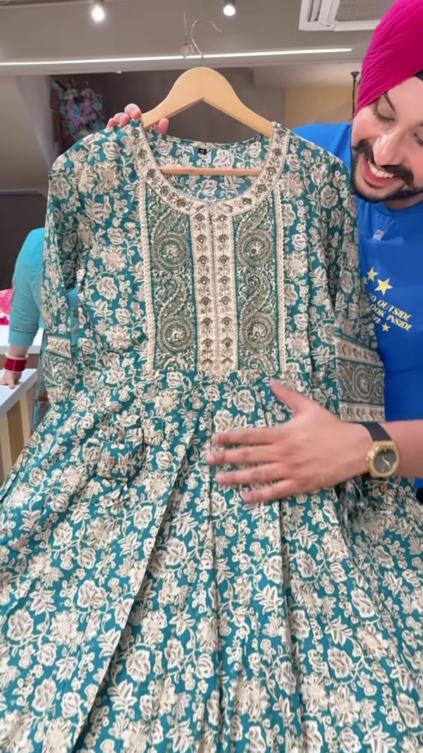 1199-3.png Women’s Teal Embroidered Long Kurti with Beige Floral & Paisley Motifs – Ethnicwear Portrait Piece for Seasonal Styling