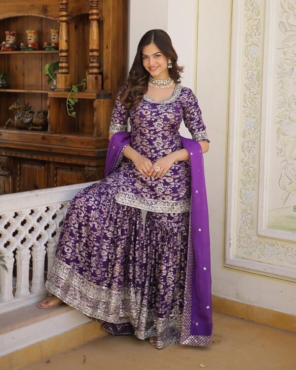 11_f23262f5-8c91-4044-93dd-10ca24ccb161-1.jpg Purple Color Viscose Jacquard Three Piece Gharara Suit
