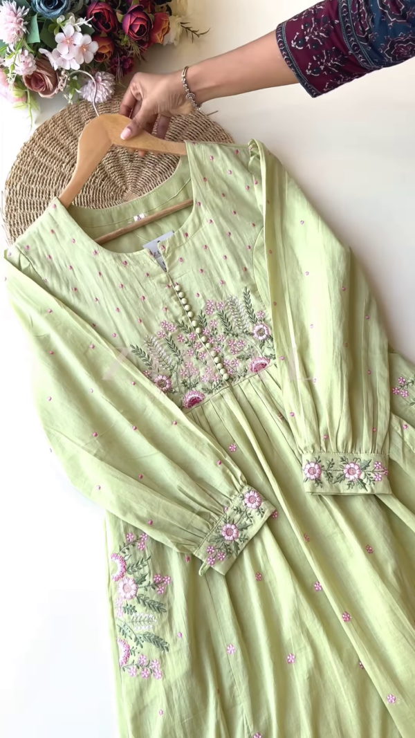 1200-1.png Women’s Light Green Floral Embroidered Long Kurti – Pastel Ethnicwear with White-Pink Motifs & Sleeve Detailing