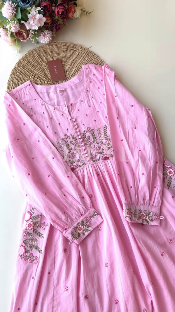 1200-11.png Women’s Light Green Floral Embroidered Long Kurti – Pastel Ethnicwear with White-Pink Motifs & Sleeve Detailing