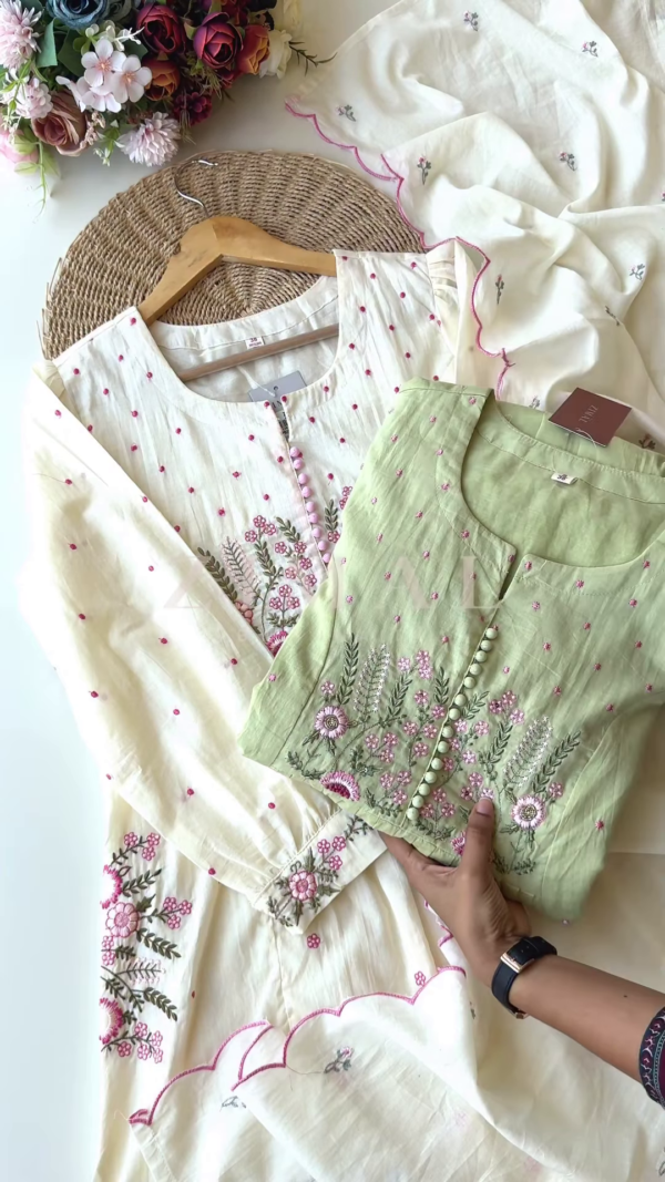 1200-3.png Women’s Light Green Floral Embroidered Long Kurti – Pastel Ethnicwear with White-Pink Motifs & Sleeve Detailing