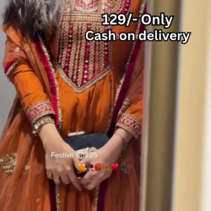 1201-3.png Women’s Orange Embroidered Kurti with Gold & Red Threadwork – Festive Ethnicwear Styled with Black Clutch Accessory
