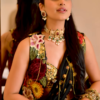 Women’s Black Saree with Gold Embellishments & Pleated Draping – Elegant Ethnicwear Styled with Traditional Bracelet