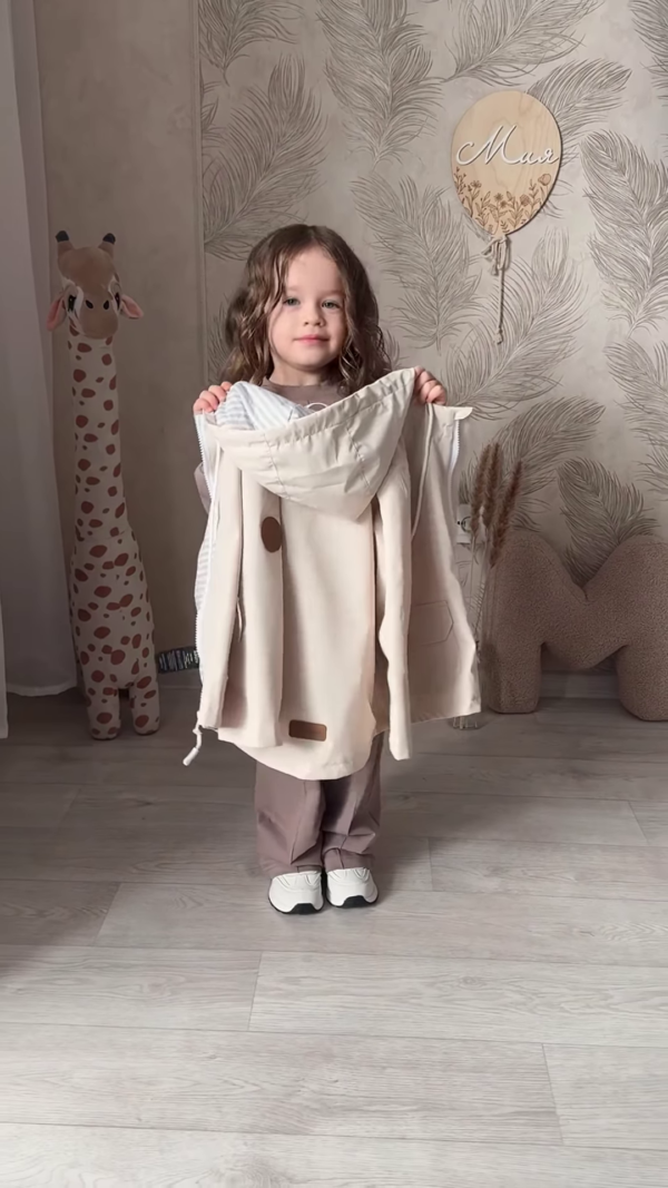 1207-6.png Kids’ Light Brown Co-Ord Set with Long Sleeves & White Sneakers – Neutral-Tone Outfit Styled with Giraffe Plush & Personalized Decor