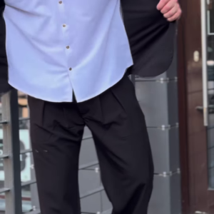 1208-2.png Men’s Black Stretchable Button-Up Shirt with Gray Pants – Comfort-Fit Ethnic Fusion Ensemble for Everyday Styling