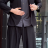 Men’s Black Stretchable Button-Up Shirt with Gray Pants – Comfort-Fit Ethnic Fusion Ensemble for Everyday Styling