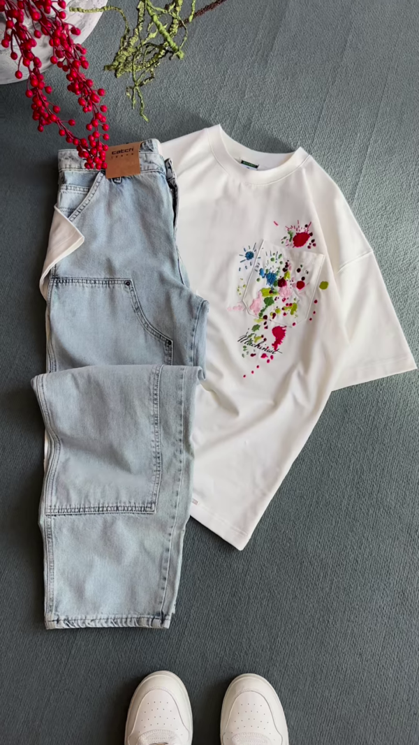 1209-3.png Unisex White & Beige T-Shirts with Colorful Paint Splatter and Pocket Embroidery – Artistic Casualwear for Everyday Styling