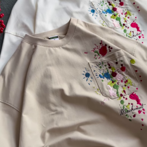 1209-4.png Unisex White & Beige T-Shirts with Colorful Paint Splatter and Pocket Embroidery – Artistic Casualwear for Everyday Styling